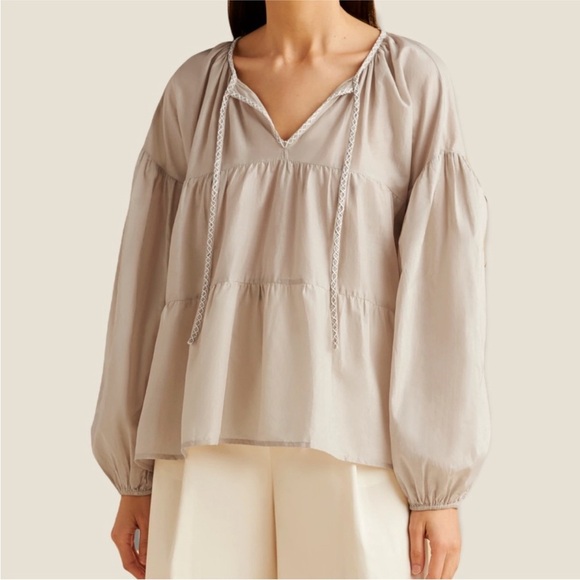 Merlette Tholen Cotton Voile Tiered Embroidered Blouse in Dove Grey - Picture 1 of 12